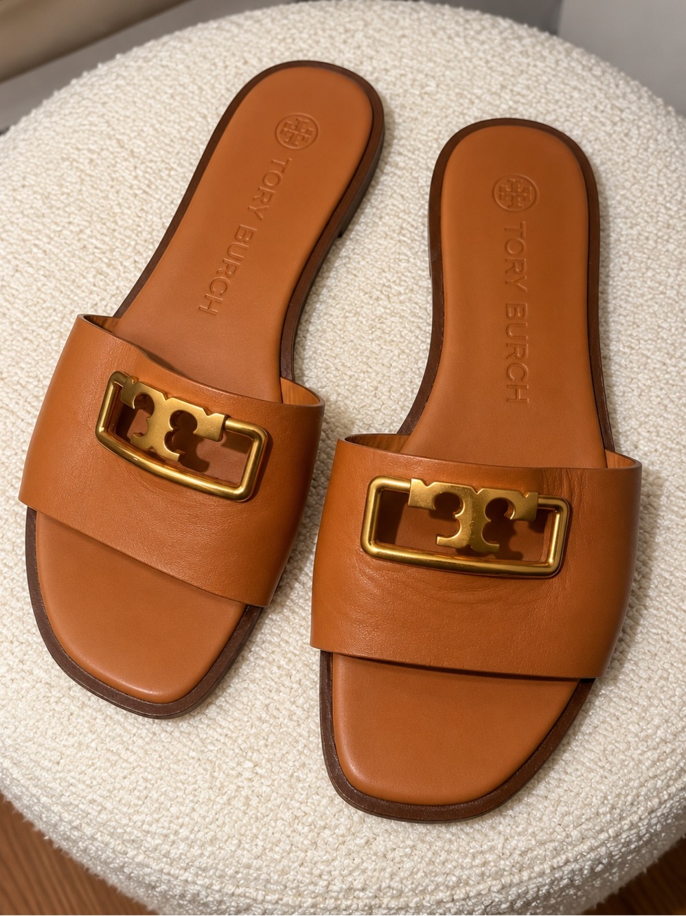 Tory Burch Cognac Leather Slide Sandals with Gold Logo Plaque